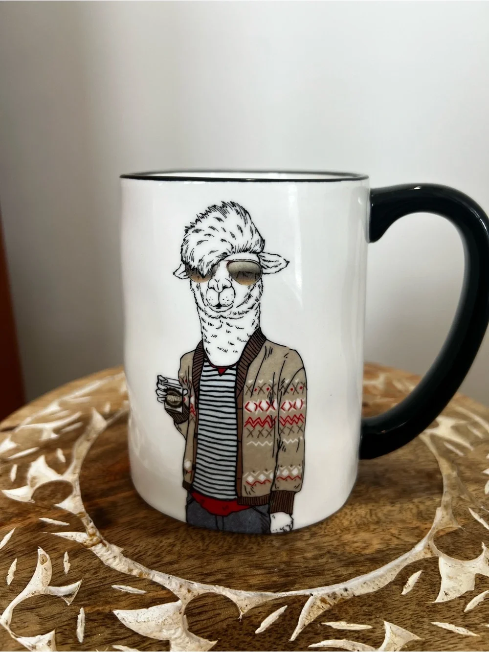 Signature House White Ceramic Mug with Black Handle and Hipster Llama Graphic